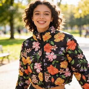 Pink Ripple Black Floral Cropped Women's Puffer Jacket Small